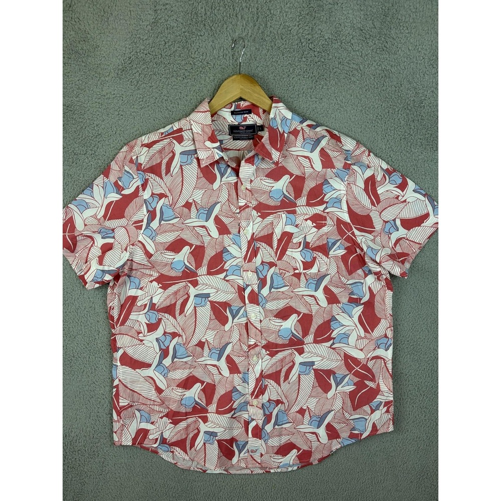 Vineyard Vines Shirt Mens Large Red Floral Slim Murray Short Sleeve Button-Up